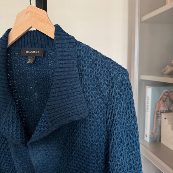 St. John Waffle Knit Jacket Blue Textured Button Front Wool Sweater Blazer 4 - Picture 3 of 6